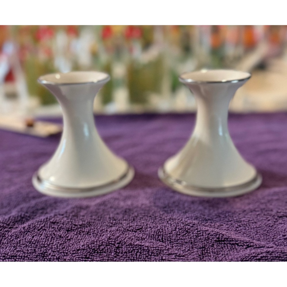 Lenox Ivory Fine China Platinum Trim Candlestick Holders Set of 2 Hand Decorated
